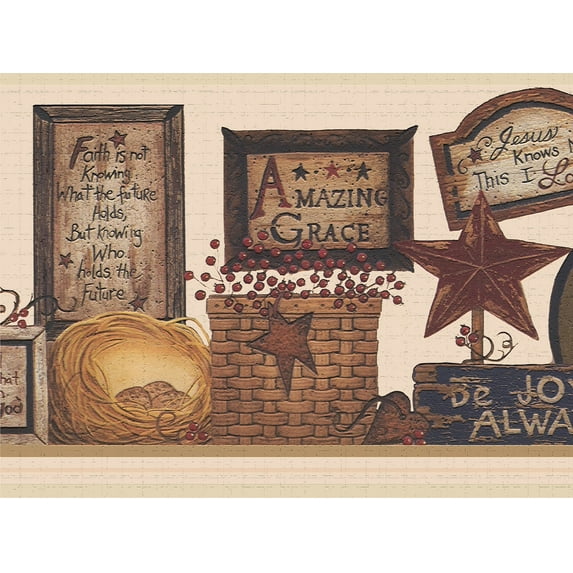 Dundee Deco's Peel and Stick Wallpaper Border - Country Brown Maroon Signs Wall Border Retro Design, 15 ft x 7 in, Self Adhesive