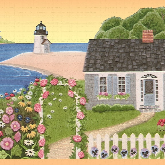 Dundee Deco's Peel and Stick Wallpaper Border - Country Green Blue Seashore Houses Wall Border Retro Design, 15 ft x 7 in, Self Adhesive