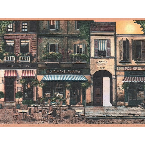 Dundee Deco's Peel and Stick Wallpaper Border - Country Green Brown Beige City Wall Border Retro Design, 15 ft x 7 in, Self Adhesive