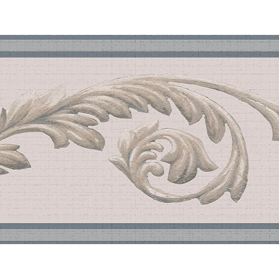 Dundee Deco's Peel and Stick Wallpaper Border - Damask Beige Blue Vines Wall Border Retro Design, 15 ft x 7 in, Self Adhesive