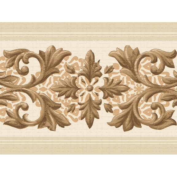 Dundee Deco's Peel and Stick Wallpaper Border - Damask Beige Brown Vines Scrolls Wall Border Retro Design, 15 ft x 7 in, Self Adhesive