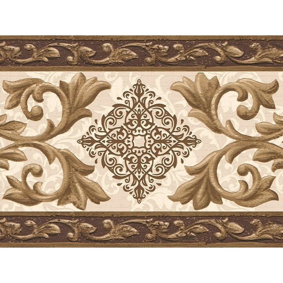 Dundee Deco's Peel and Stick Wallpaper Border - Damask Gold Brown Scrolls Wall Border Retro Design, 15 ft x 7 in, Self Adhesive