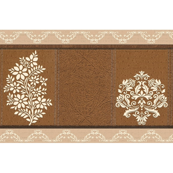 Dundee Deco's Peel and Stick Wallpaper Border - Damask Tan Brown Flowers Scrolls Wall Border Retro Design, 15 ft x 7 in, Self Adhesive