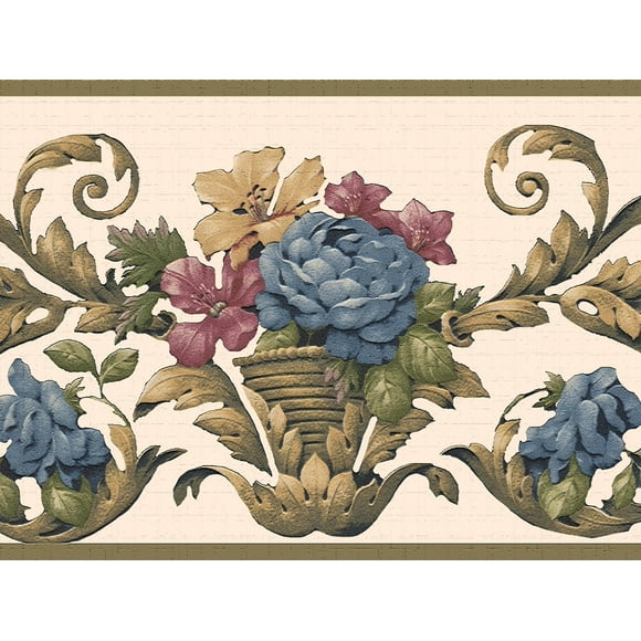 Dundee Deco's Peel and Stick Wallpaper Border - Floral Blue Pink Yellow Flowers on Damask Vines Wall Border Retro Design, 15 ft x 7 in, Self Adhesive
