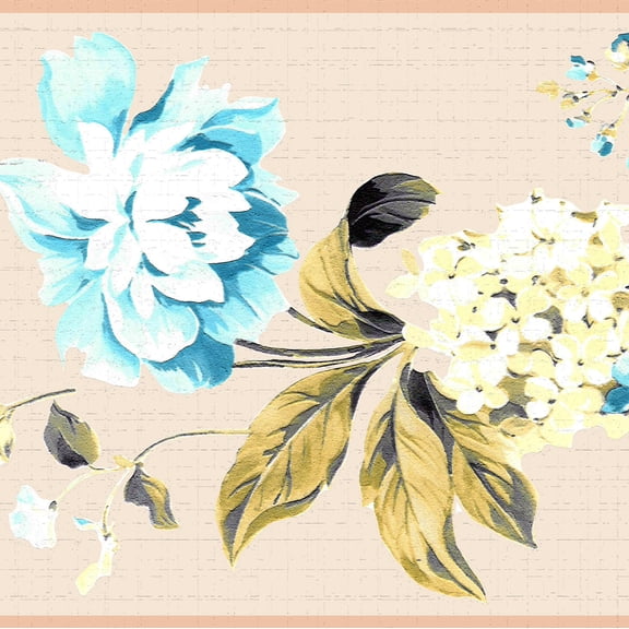 Dundee Deco's Peel and Stick Wallpaper Border - Floral Blue White Green Flowers on Vines Wall Border Retro Design, 15 ft x 7 in, Self Adhesive