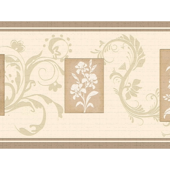 Dundee Deco's Peel and Stick Wallpaper Border - Floral Brown Beige Flowers Vines Wall Border Retro Design, 15 ft x 7 in, Self Adhesive