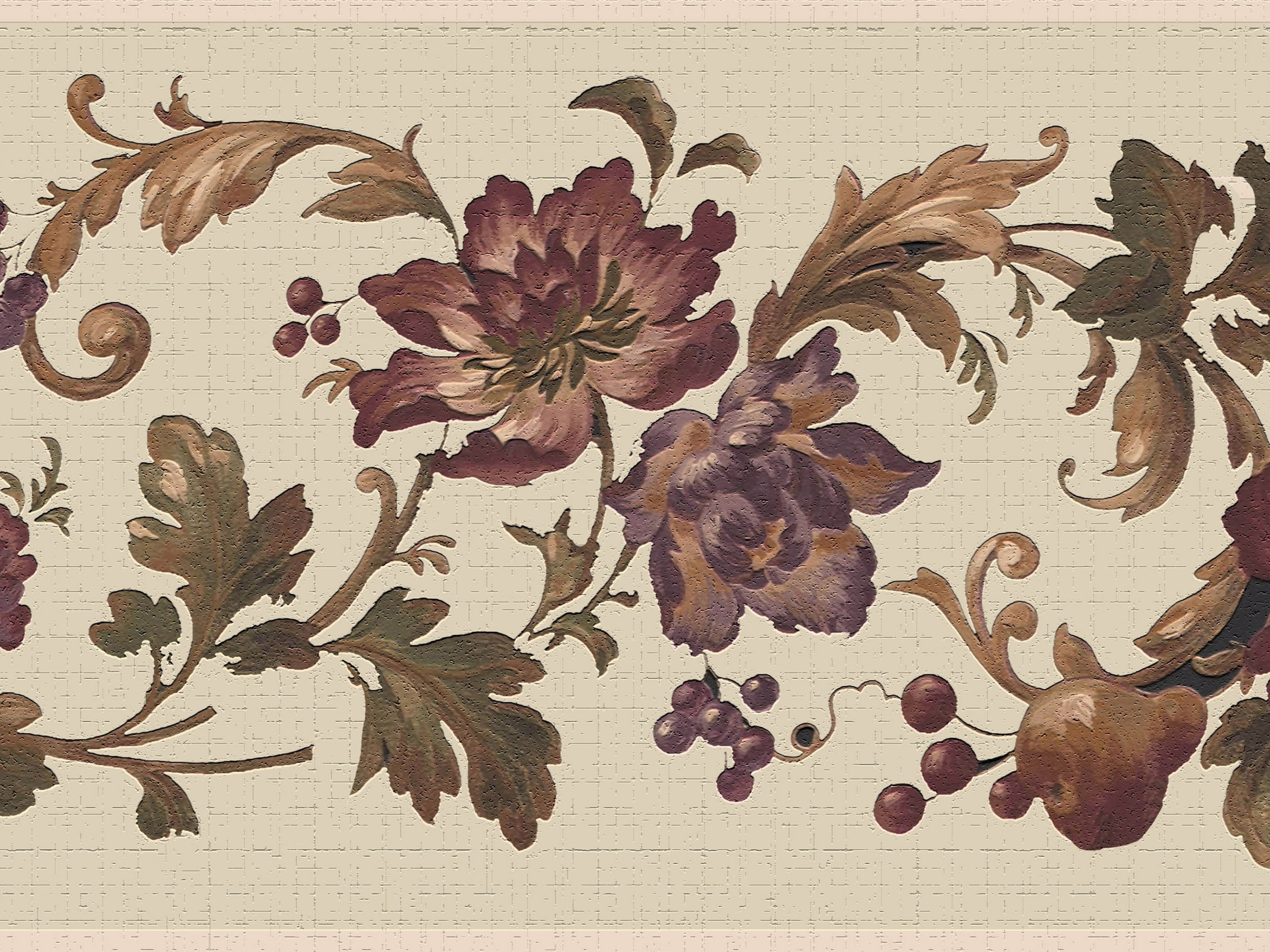 Dundee Deco's Peel and Stick Wallpaper Border - Floral Brown Burgundy Flowers and Leaves Wall Border Retro Design, 15 ft x 7 in, Self Adhesive