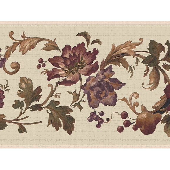 Dundee Deco's Peel and Stick Wallpaper Border - Floral Brown Burgundy Flowers and Leaves Wall Border Retro Design, 15 ft x 7 in, Self Adhesive