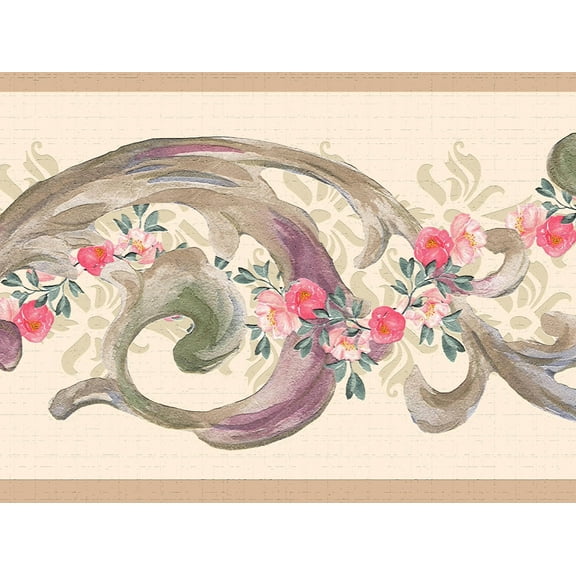 Dundee Deco's Peel and Stick Wallpaper Border - Floral Green Pink Flowers Scrolls Wall Border Retro Design, 15 ft x 7 in, Self Adhesive