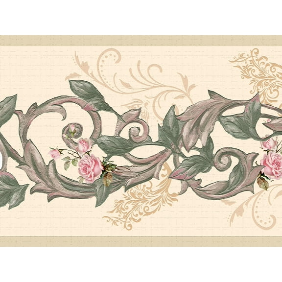 Dundee Deco's Peel and Stick Wallpaper Border - Floral Green Pink Flowers on Vines Wall Border Retro Design, 15 ft x 7 in, Self Adhesive