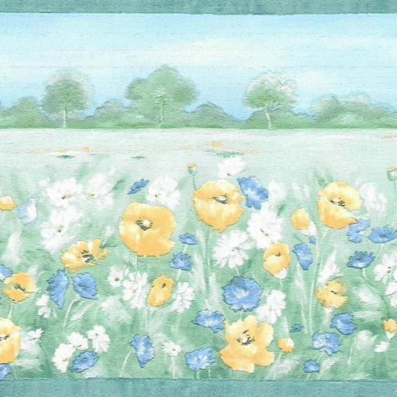 Dundee Deco's Peel and Stick Wallpaper Border - Floral Green Yellow White Flowers in a meadow Wall Border Retro Design, 15 ft x 7 in, Self Adhesive
