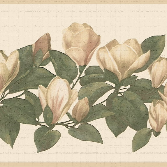Dundee Deco's Peel and Stick Wallpaper Border - Floral Off-white Green Flowers on Vines Wall Border Retro Design, 15 ft x 7 in, Self Adhesive