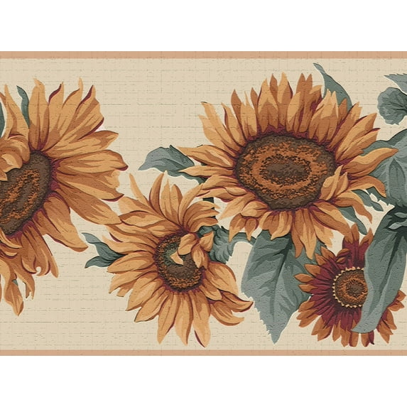 Dundee Deco's Peel and Stick Wallpaper Border - Floral Orange Green Sunflower Bunches Wall Border Retro Design, 15 ft x 7 in, Self Adhesive