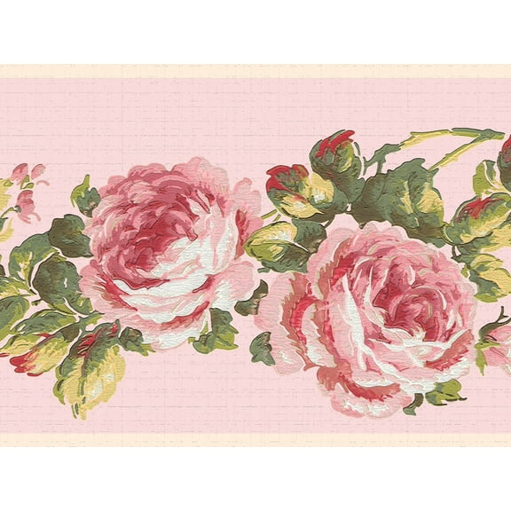 Dundee Deco's Peel and Stick Wallpaper Border - Floral Pink Green Flower on Vine Wall Border Retro Design, 15 ft x 7 in, Self Adhesive