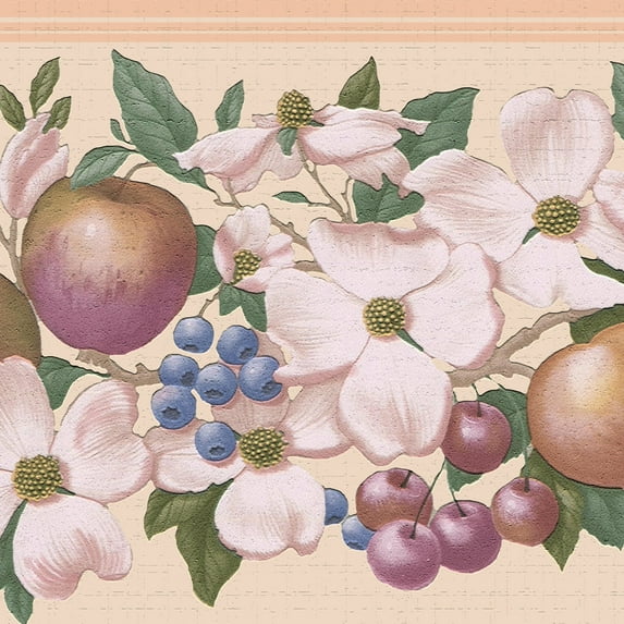 Dundee Deco's Peel and Stick Wallpaper Border - Floral Pink Green Flowers Fruits Wall Border Retro Design, 15 ft x 7 in, Self Adhesive