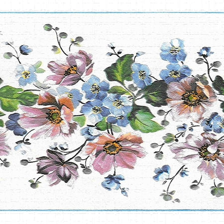 Dundee Deco's Peel and Stick Wallpaper Border - Floral Pink White Purple Flowers on Vines Wall Border Retro Design, 15 ft x 7 in, Self Adhesive