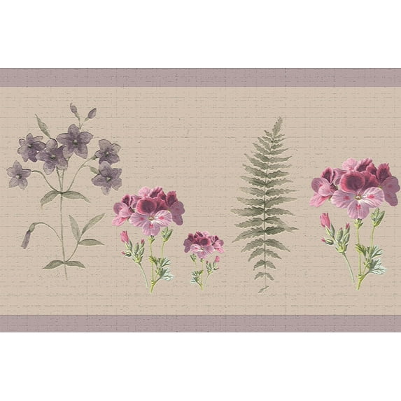 Dundee Deco's Peel and Stick Wallpaper Border - Floral Purple Green Plants Wall Border Retro Design, 15 ft x 7 in, Self Adhesive