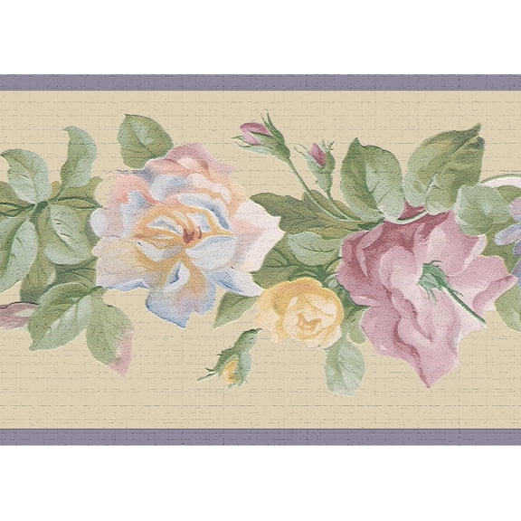 Dundee Deco's Peel and Stick Wallpaper Border - Floral Purple Green Yellow Flowers on Vines Wall Border Retro Design, 15 ft x 7 in, Self Adhesive
