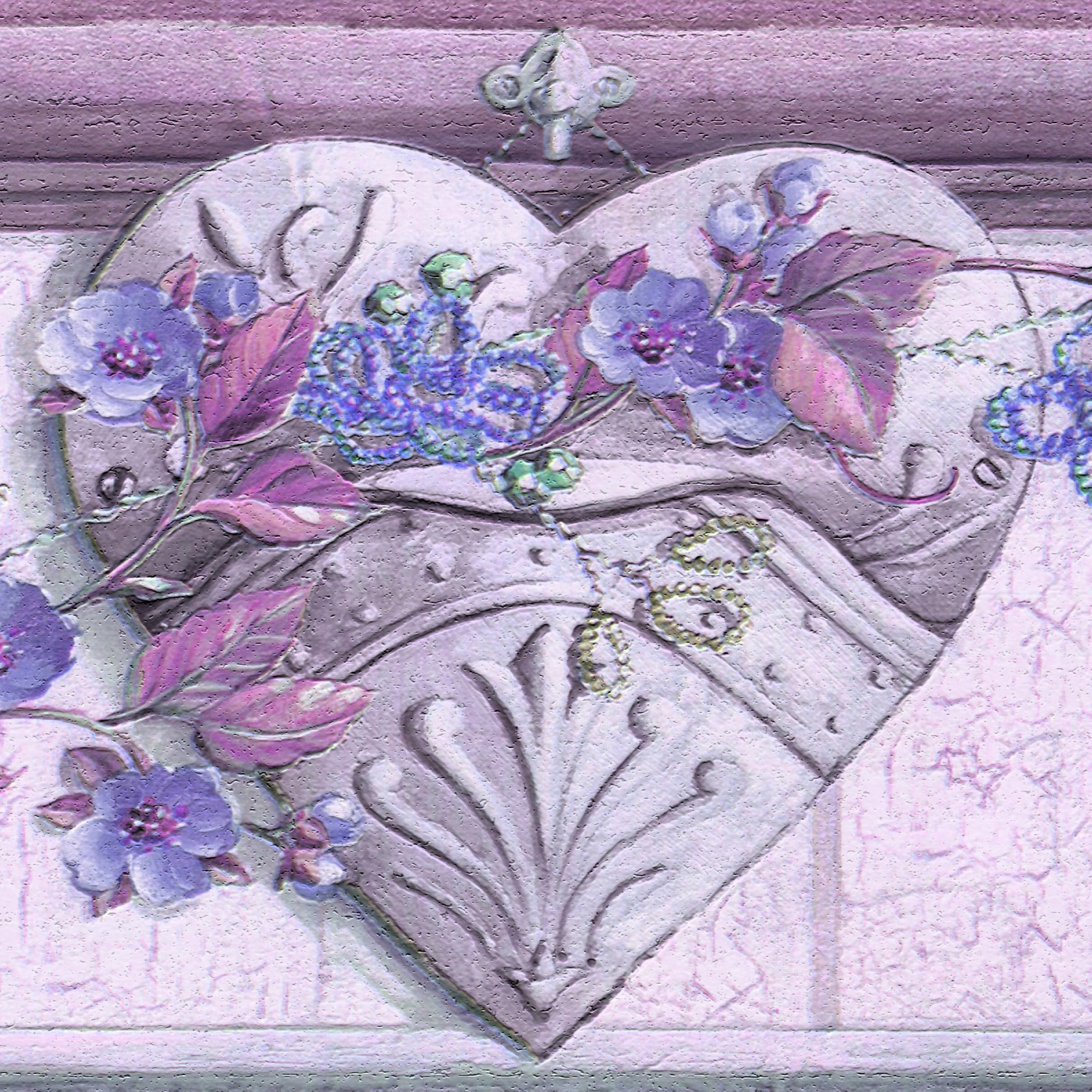 Dundee Deco's Peel and Stick Wallpaper Border - Floral Purple Violet Flowers Hearts Wall Border Retro Design, 15 ft x 7 in, Self Adhesive