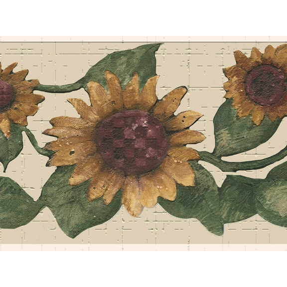 Dundee Deco's Peel and Stick Wallpaper Border - Floral Yellow Green Sunflowers Wall Border Retro Design, 15 ft x 7 in, Self Adhesive