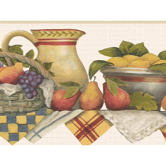 Dundee Deco's Peel and Stick Wallpaper Border - Fruits Yellow Green Red Fruit Baskets Wall Border Retro Design, 15 ft x 7 in, Self Adhesive