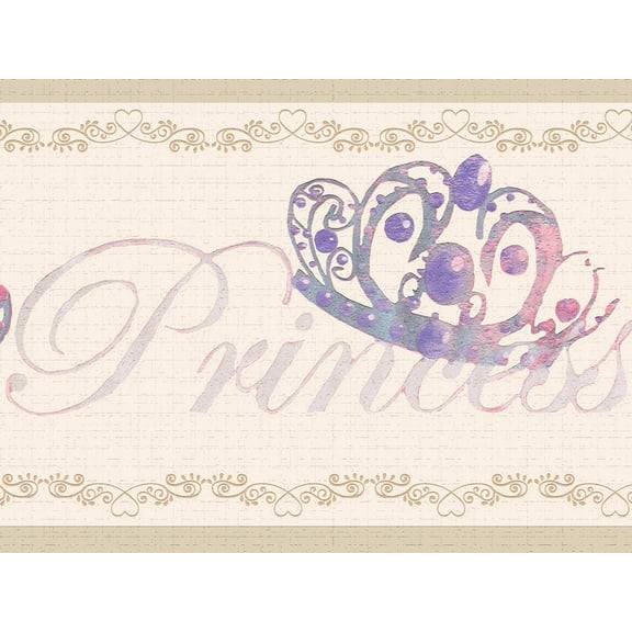 Dundee Deco's Peel and Stick Wallpaper Border - Kids Beige Pink Purple Tiaras Wall Border Retro Design, 15 ft x 7 in, Self Adhesive