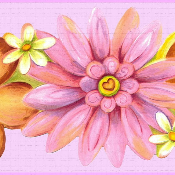 Dundee Deco's Peel and Stick Wallpaper Border - Kids Pink Orange Yellow Hearts and Flowers Wall Border Retro Design, 15 ft x 7 in, Self Adhesive