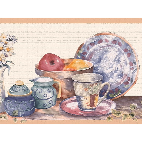 Dundee Deco's Peel and Stick Wallpaper Border - Kitchen Purple Beige Plates and Cups Wall Border Retro Design, 15 ft x 7 in, Self Adhesive