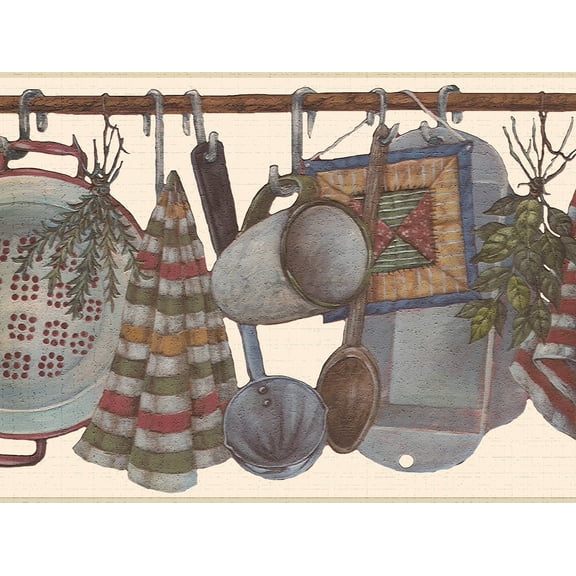 Dundee Deco's Peel and Stick Wallpaper Border - Kitchen Red Grey Brown Cooking untensils Wall Border Retro Design, 15 ft x 7 in, Self Adhesive