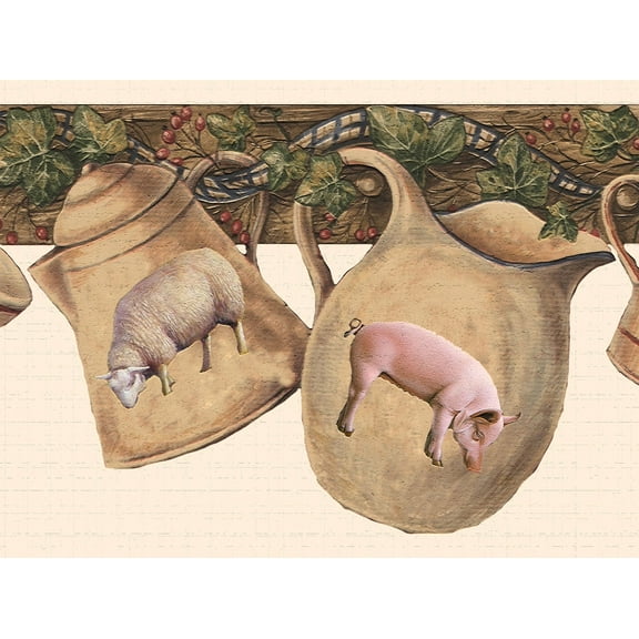 Dundee Deco's Peel and Stick Wallpaper Border - Nature Beige Green Farm animals Wall Border Retro Design, 15 ft x 7 in, Self Adhesive