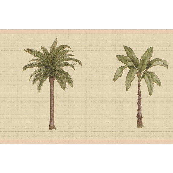 Dundee Deco's Peel and Stick Wallpaper Border - Nature Beige Green Palm Trees Wall Border Retro Design, 15 ft x 7 in, Self Adhesive