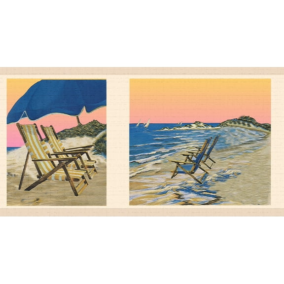 Dundee Deco's Peel and Stick Wallpaper Border - Nature Blue Pink Seashore Wall Border Retro Design, 15 ft x 7 in, Self Adhesive