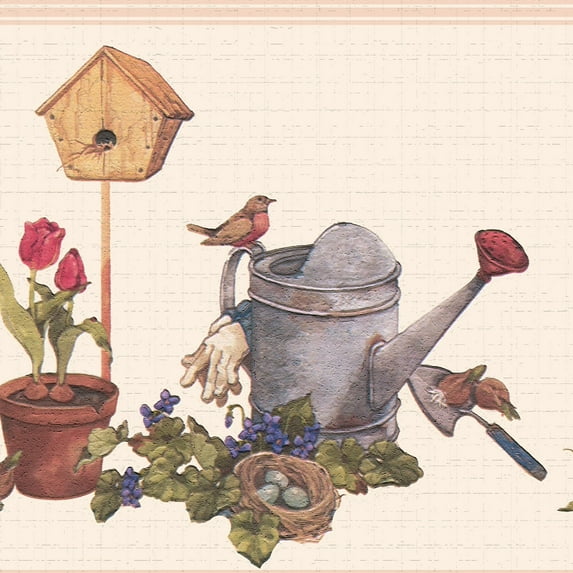 Dundee Deco's Peel and Stick Wallpaper Border - Nature Cream Grey Red Garden Wall Border Retro Design, 15 ft x 7 in, Self Adhesive