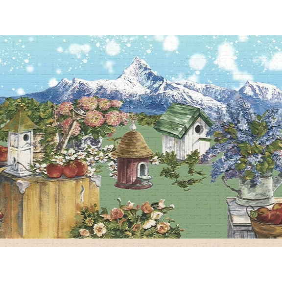 Dundee Deco's Peel and Stick Wallpaper Border - Nature Green Blue Bird houses Wall Border Retro Design, 15 ft x 7 in, Self Adhesive