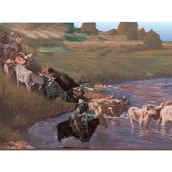 Dundee Deco's Peel and Stick Wallpaper Border - Nature Green Blue Brown Horses and cattle Wall Border Retro Design, 15 ft x 7 in, Self Adhesive