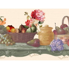 Dundee Deco's Peel and Stick Wallpaper Border - Nature Green Orange Red Fruit Basket Wall Border Retro Design, 15 ft x 7 in, Self Adhesive