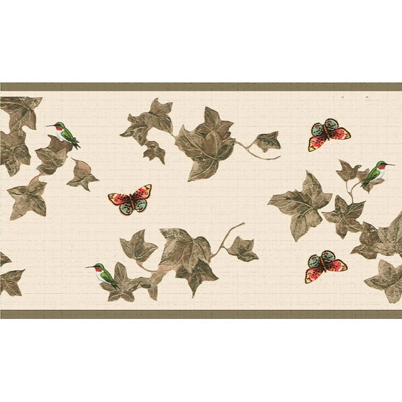 Dundee Deco's Peel and Stick Wallpaper Border - Nature Green Tan Leaves and Butterflies Wall Border Retro Design, 15 ft x 7 in, Self Adhesive
