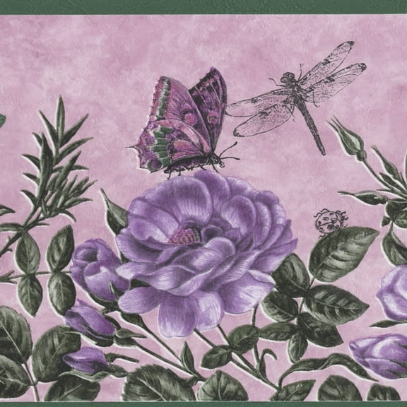 Dundee Deco's Peel and Stick Wallpaper Border - Nature Pink Purple Green Butterflies Flowers Wall Border Retro Design, 15 ft x 7 in, Self Adhesive