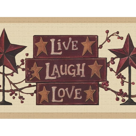 Dundee Deco's Peel and Stick Wallpaper Border - Stars Red Beige Live Laugh Love Wall Border Retro Design, 15 ft x 7 in, Self Adhesive