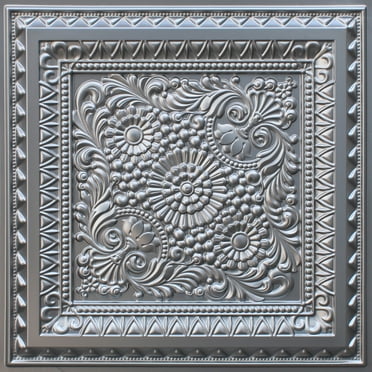 Dundee Deco's Rustic Silver Floral Glue Up/Drop In Ceiling Panels, 2 ft. X 2 ft. (4 sq ft.) each, Pack of 50