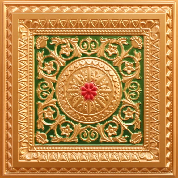 Dundee Deco's Victorian Gold-Green-Red Floral Glue Up/Drop In Ceiling Panels, 2 ft. X 2 ft. (4 sq ft.) each, Pack of 10