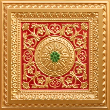 Dundee Deco's Victorian Gold-Red-Green Floral Glue Up/Drop In Ceiling Panels, 2 ft. X 2 ft. (4 sq ft.) each, Pack of 50