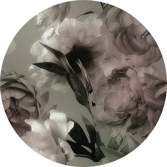 Dundee Deco's Vintage Grey White Dark Watercolor Flower Circular Peel and Stick Wall Mural, 55 in Diameter (17 sq ft.)