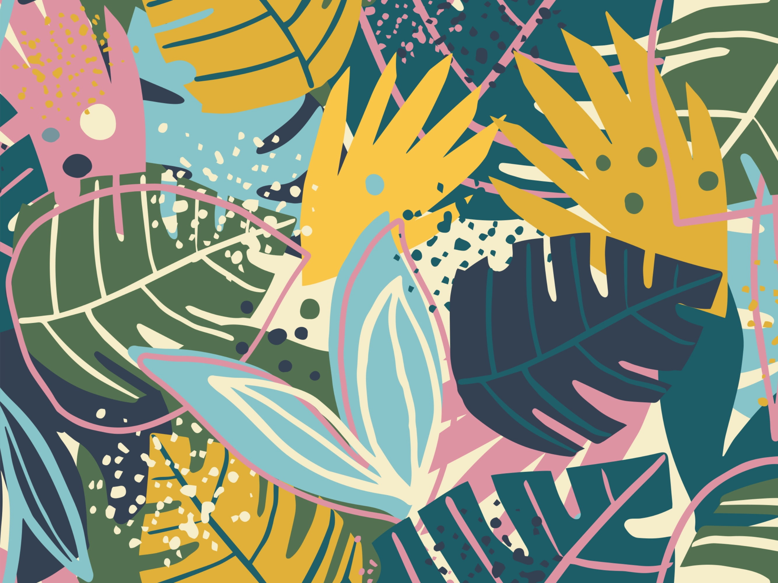 Dundee Deco's Vintage Pink Green Yellow Exotic Leaves Wall Mural, 142 in X 106 in (108 sq ft.)