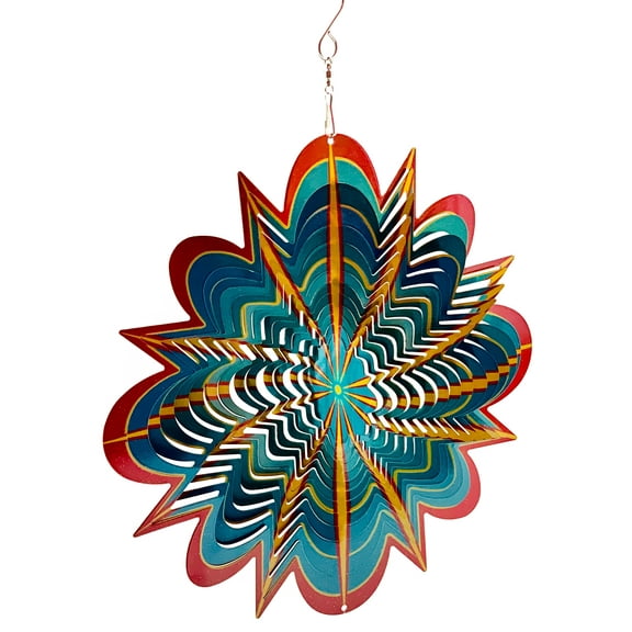 Dundee Deco's Wind Spinner in Gift Box - 3D Hanging Indoor Outdoor Yard Garden Decoration - Mandala - Hyper Splash - Red Yellow Teal - 12 inch - Unique Gift Idea For Men Women, Souvenir, Present