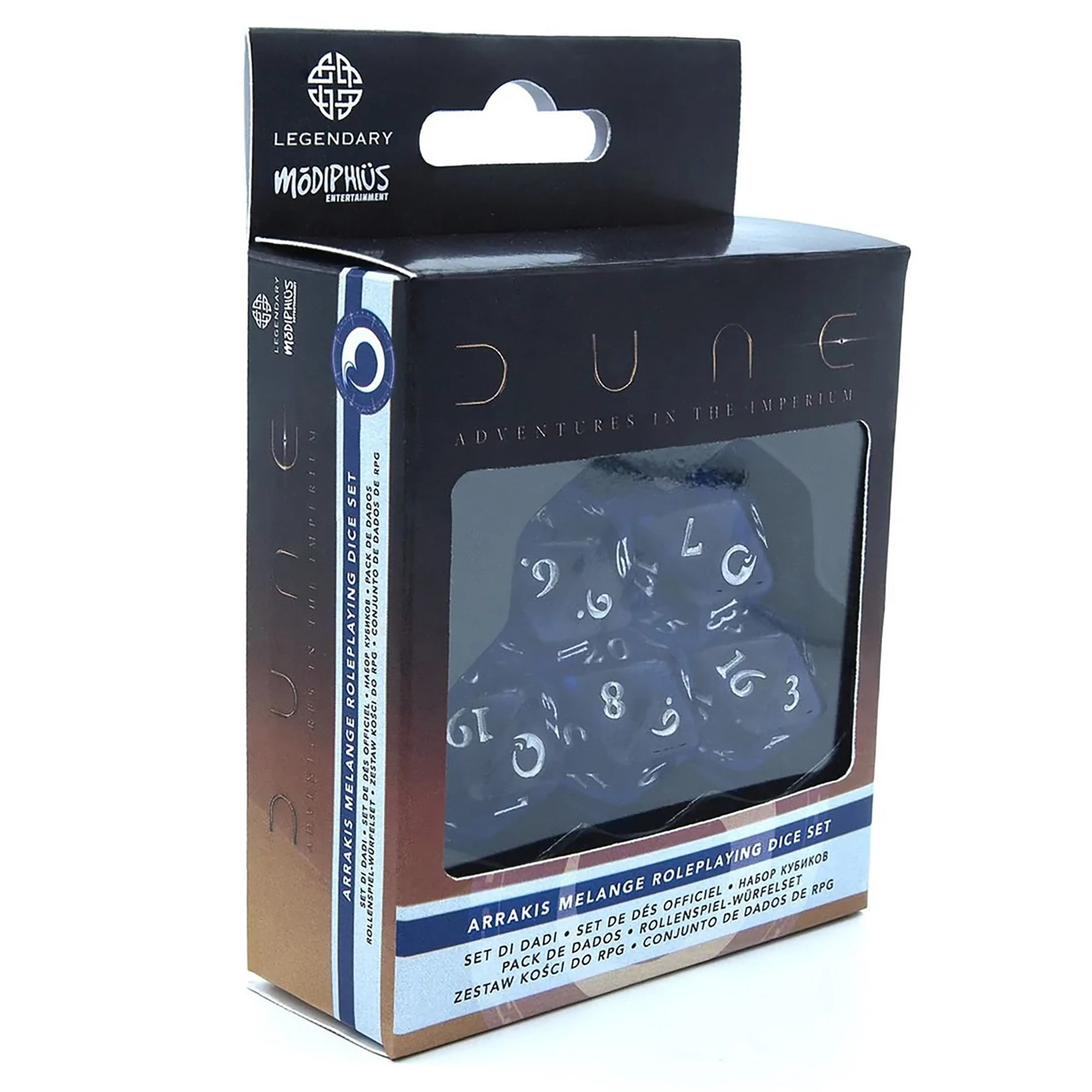 Dune Adventures In The Imperium: Arrakis Melange Dice Set - (5) Twenty Sided Rolplaying Dice Set - Translucent Blue With Silver Numbering, Tabletop Roleplaying Accessory