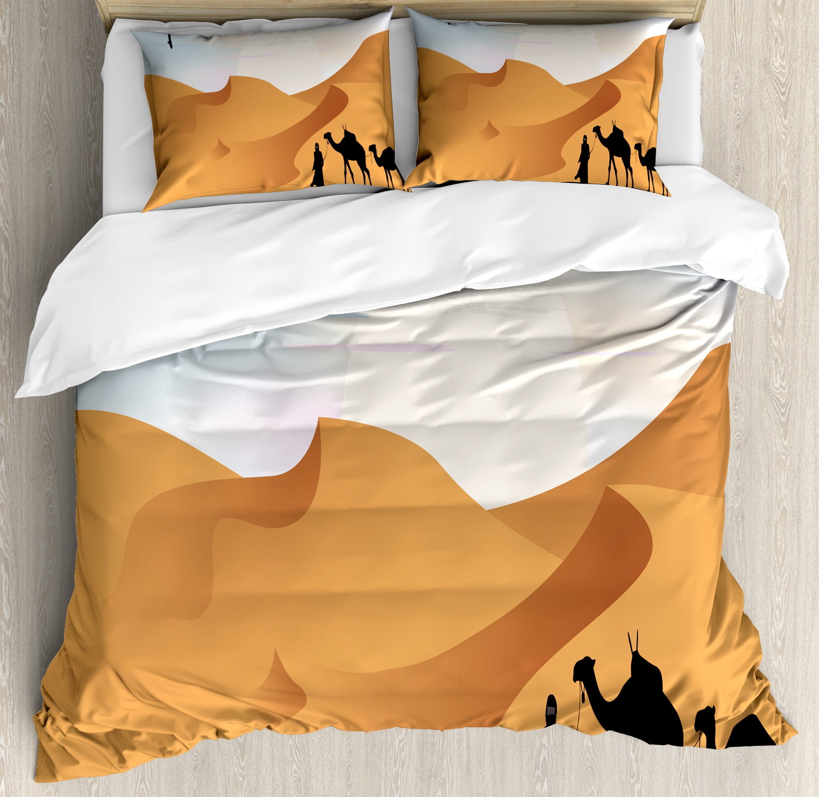 Dune Duvet Cover Set Camels And Man Silhouette In The Desert Sandy