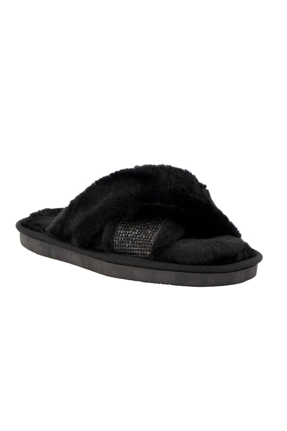 Womens Winta Diamante Faux Fur Cross Strap Slippers