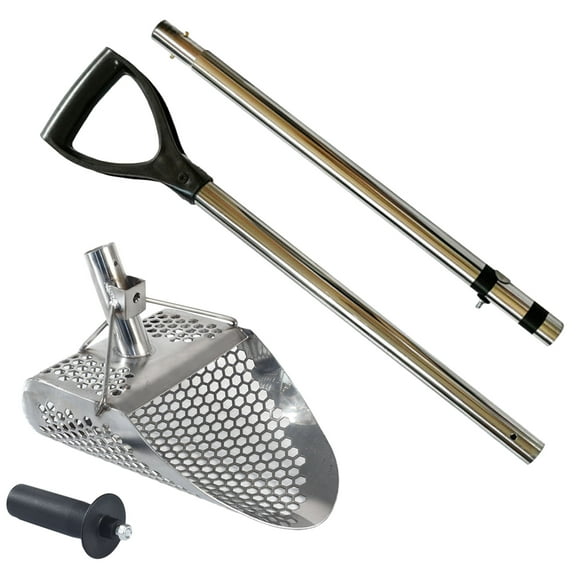 Dune Scoops Hydra 11" x 8" Stainless Metal Detector Sand Scoop with 2 mount options & Carbon Fiber Rod with Aluminum Handle