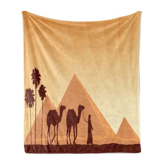 Dune Soft Flannel Fleece Throw Blanket, Sandy Pyramids Camels Caravan Egyptian Culture Vibes, Cozy Plush for Indoor and Outdoor Use, 60" x 80", Brown Chestnut Brown, by Ambesonne